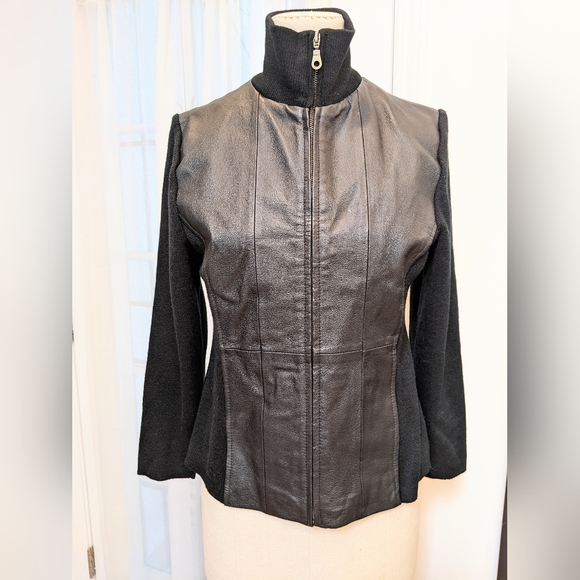 Coldwater Creek black leather Jacket with knit back Petite Small size moto cute - Picture 3 of 7